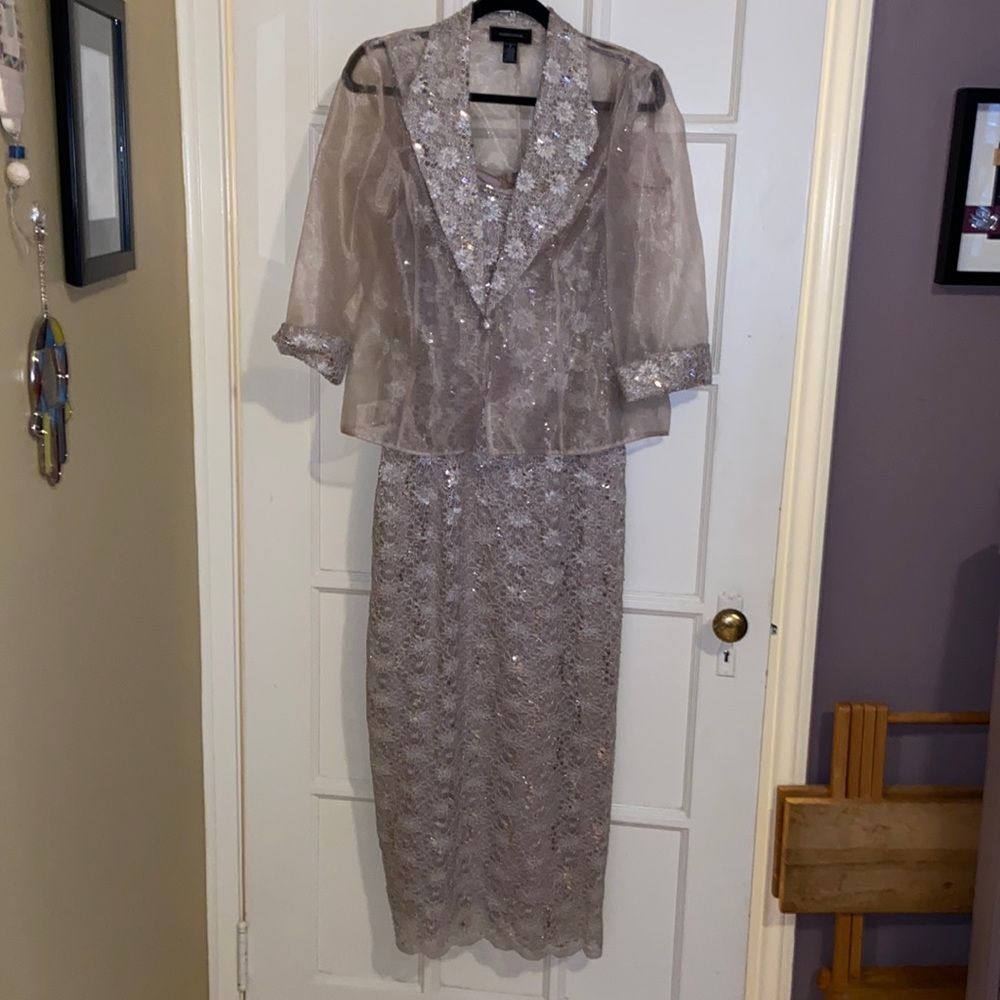 Elegant champagne lacy cocktail dress with jacket